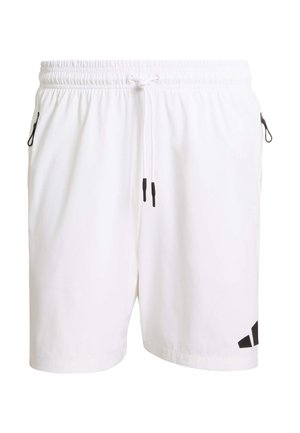 White athletic shorts with an elastic waistband, adjustable drawstring, and black logo accents on the lower left. Features side pockets.