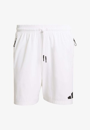 Pantalones cortos deportivos blancos con cintura elástica, cordón ajustable y acentos de logo negro en la parte inferior izquierda. Cuenta con bolsillos laterales.