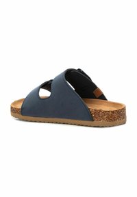 Infradito navy blu con design aperto, realizzato in materiale sintetico liscio. Suola intermedia simile al sughero, suola esterna in gomma piatta e fori per la ventilazione.