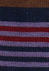 Close-up of knitted fabric with horizontal stripes in brown, dark blue, purple, and red colors.