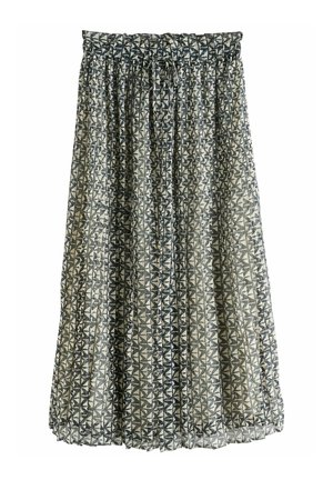 Pleated midi skirt with black and white geometric pattern, elastic waistband, and adjustable drawstring tie at the front.