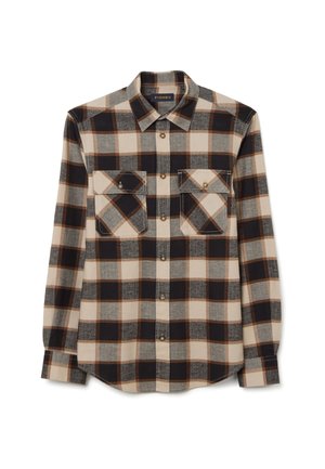 Camicia a maniche lunghe in flanella con motivo a quadri in beige, nero e marrone. Presenta due tasche sul petto e chiusure a bottone. Tessuto morbido.