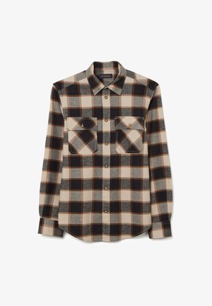 Langärmliges Flanellhemd mit karierter Musterung in Beige, Schwarz und Braun. Verfügt über zwei Brusttaschen und Knopfverschlüsse. Weicher Stoff.