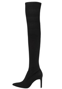 Black over-the-knee boots made of soft, stretchy fabric with a pointed toe and thin stiletto heel, featuring a seamless design.