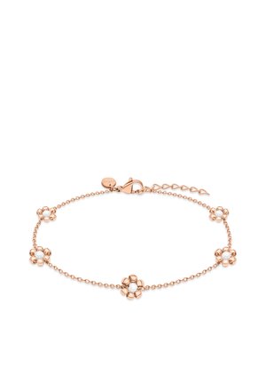 Rose gold chain bracelet with five small flower charms, each featuring a central white pearl, and a lobster clasp with an adjustable chain.