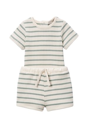 Barboteuse bébé en maille côtelée à manches courtes avec rayures horizontales vertes et taille à cordon, de couleur crème et verte.