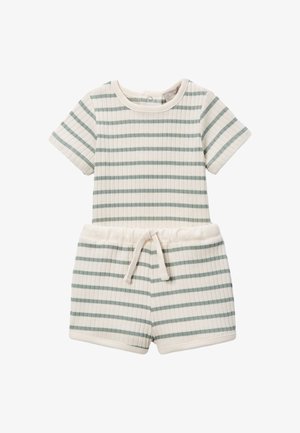 Barboteuse bébé en maille côtelée à manches courtes avec rayures horizontales vertes et taille à cordon, de couleur crème et verte.