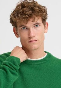 Zielony wełniany sweter z prążkowanym, okrągłym dekoltem i długimi rękawami, o miękkiej fakturze i dopasowanym kroju.