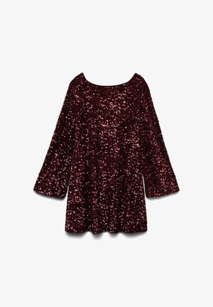 Burgundijas tunika kleita, kas pārklāta ar sekvīnēm, ar plašu dekoltē, garām piedurknēm un izplestu siluetu, ar gludu tekstūru.