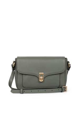 Green textured leather crossbody bag with a fold-over flap, gold hardware clasp, and adjustable strap. Features a sleek rectangular shape.