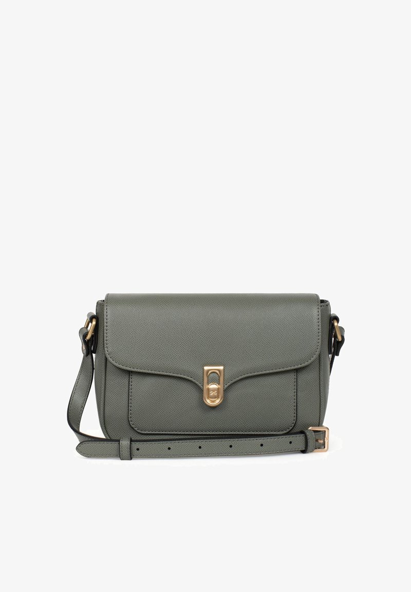 Grüne strukturierte Leder-Crossbody-Tasche mit umklappbarem Deckel, goldfarbenem Hardware-Verschluss und verstellbarem Trageriemen. Verfügt über eine elegante rechteckige Form.