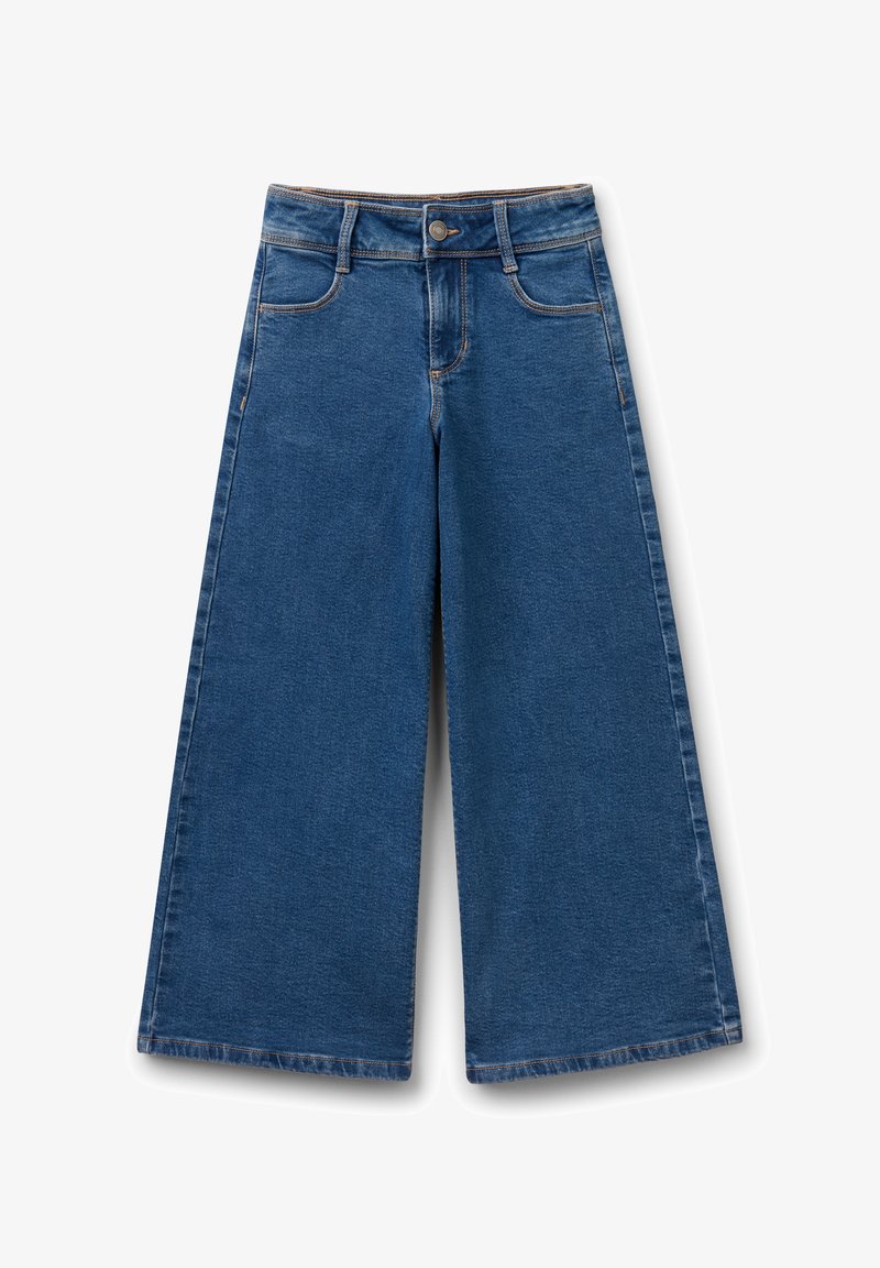 Široké modré džíny z denimu s vysokým pasem, které mají přední kapsy a zapínání na knoflík. Tkanina má strukturovaný povrch.