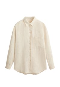 Beige gestreiftes Hemd mit Knopfverschluss aus weichem Stoff, mit Kragen, einer einzelnen Brusttasche und langen Ärmeln mit geknöpften Manschetten.