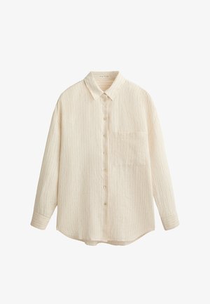 Beige gestreiftes Hemd mit Knopfverschluss aus weichem Stoff, mit Kragen, einer einzelnen Brusttasche und langen Ärmeln mit geknöpften Manschetten.
