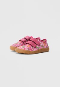 Pink floral-patterned shoes with velcro straps and a lightweight brown rubber sole. Designed with a rounded toe and breathable fabric.