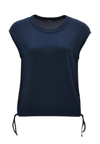 Top corto a maniche corte di colore blu navy con scollatura rotonda e dettaglio con lacci all'orlo, realizzato in tessuto morbido.