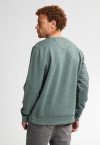 Felpa verde, con texture, maniche lunghe, scollatura a girocollo e polsini a costine. Modello mostrato di spalle, abbinato a pantaloni grigi.