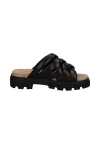 Sandalo slide in pelle nera con design superiore intrecciato, soletta imbottita e suola in gomma spessa con scanalature testurizzate.
