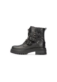 Schwarze Knöchelstiefel mit einem strukturierten Schlangenlederdruckmuster, ausgestattet mit drei verstellbaren Schnallen und einer robusten Gummisohle für besseren Halt.
