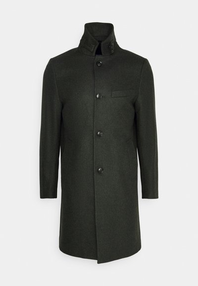 Dark green wool coat with a stand-up collar, five front buttons, and a single chest pocket. Smooth texture and tailored design.