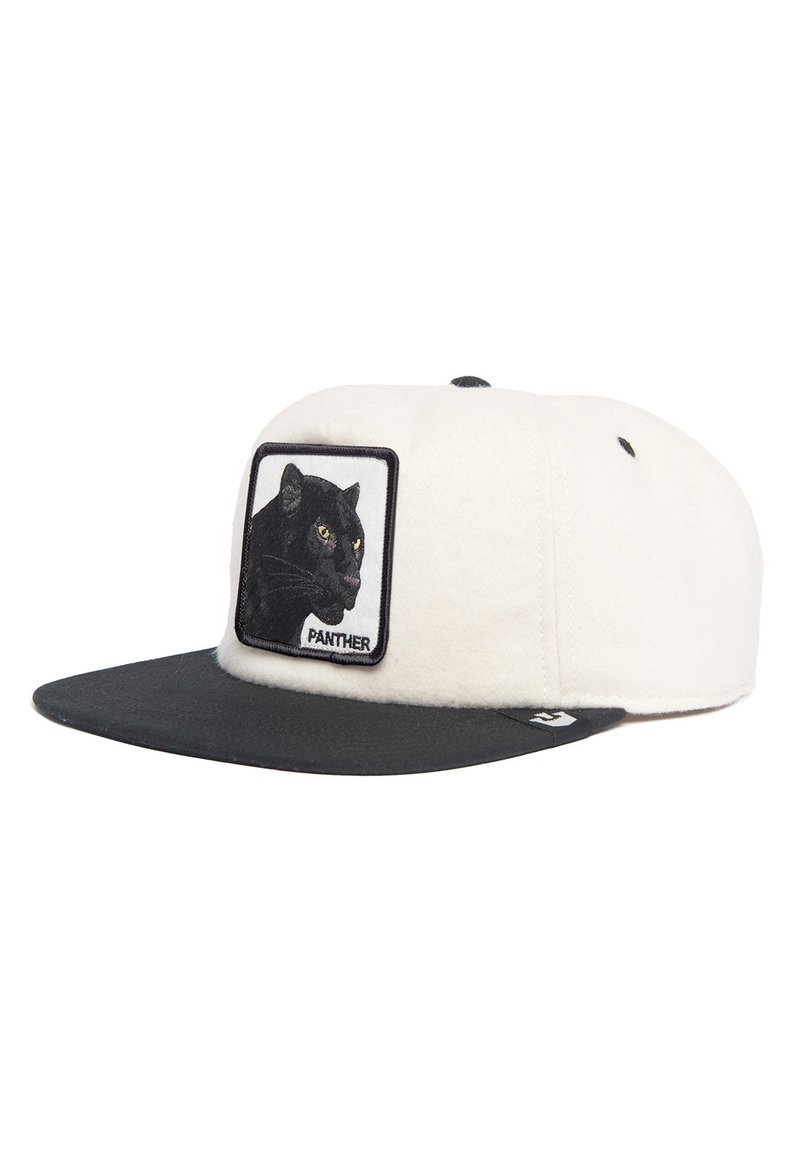 Weißer Wollhut mit schwarzem, flachem Schirm, der ein Patch mit dem Kopf eines Panthers und gestickten Details sowie dem Wort "PANTHER" zeigt.