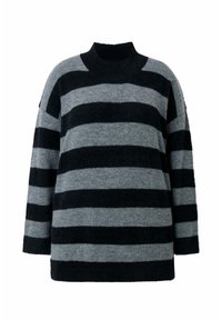 Gestreepte trui met horizontale zwarte en grijze strepen, hoge hals, losse pasvorm en zachte textuur. Gemaakt van een mix van comfortabele materialen.