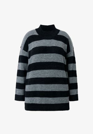 Raidallinen neule, jossa on vaakasuorat mustat ja harmaat raidat, korkealla kauluksella, väljä istuvuus ja pehmeä rakenne. Valmistettu mukavista materiaaliseoksista.