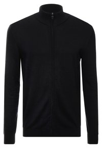 Czarny sweter na zamek z wysokim kołnierzem, długimi rękawami, ściągaczami przy mankietach i dolnym brzegu, wykonany z gładkiej, dzianinowej tkaniny.