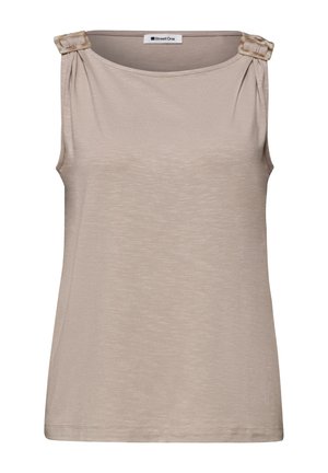 Top beige senza maniche da donna con scollo a barca e dettagli con fibbia rivestita in tessuto su entrambe le spalle.