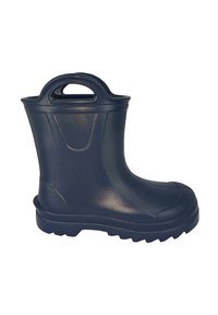 Marineblauwe rubberen laars met een gladde textuur, ronde neus en een lage hak. Voorzien van zijhandvaten voor eenvoudig aantrekken en een gestructureerde zool voor grip.