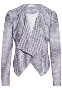 Blazer ajusté pour femme à manches longues, devant ouvert, avec des rayures horizontales texturées en blanc et bleu marine.