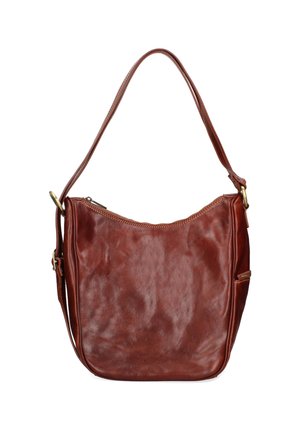 Borsa a spalla in pelle marrone con superficie morbida e testurizzata, design curvato, chiusura con zip e una singola tracolla regolabile.