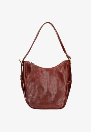 Borsa a spalla in pelle marrone con superficie morbida e testurizzata, design curvato, chiusura con zip e una singola tracolla regolabile.