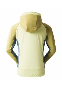 Hooded-Jacke mit einem hellgelben Oberteil und grünen Akzenten, glatter Textur, enganliegendem Design und langen Ärmeln. Ideal für Outdoor-Aktivitäten.