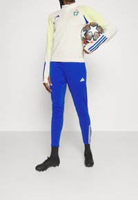 Maglietta a maniche lunghe bianca e verde chiaro con zip a quarto di giro, pantaloni blu con strisce bianche, mentre tiene un pallone da calcio nero e arancione.