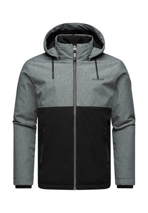 Gray and black insulated jacket with a hood, zip front, and two zippered side pockets; textured fabric, color-blocked design.