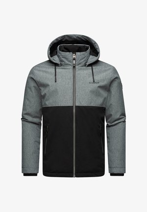 Pilkas ir juodas izoliuotas džemperis su kapišonu, užtrauktuku priekyje ir dviem užtrauktukais užsegamomis šoninėmis kišenėmis; tekstūruotas audinys, spalvų blokų dizainas.