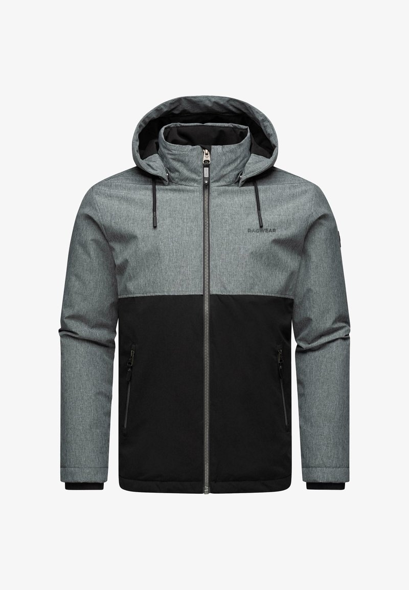 Pilkas ir juodas izoliuotas džemperis su kapišonu, užtrauktuku priekyje ir dviem užtrauktukais užsegamomis šoninėmis kišenėmis; tekstūruotas audinys, spalvų blokų dizainas.