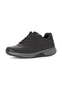 Baskets noires en cuir lisse avec des accents synthétiques texturés. Présentent un design à lacets et une fermeture éclair latérale pour un enfilage facile.