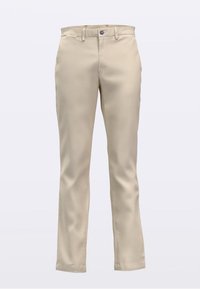 Beige chinos lavet af bomuldsblanding med lige ben, forsynet med frontknaplukning og bæltestropper, glat tekstur og uden mønstre.