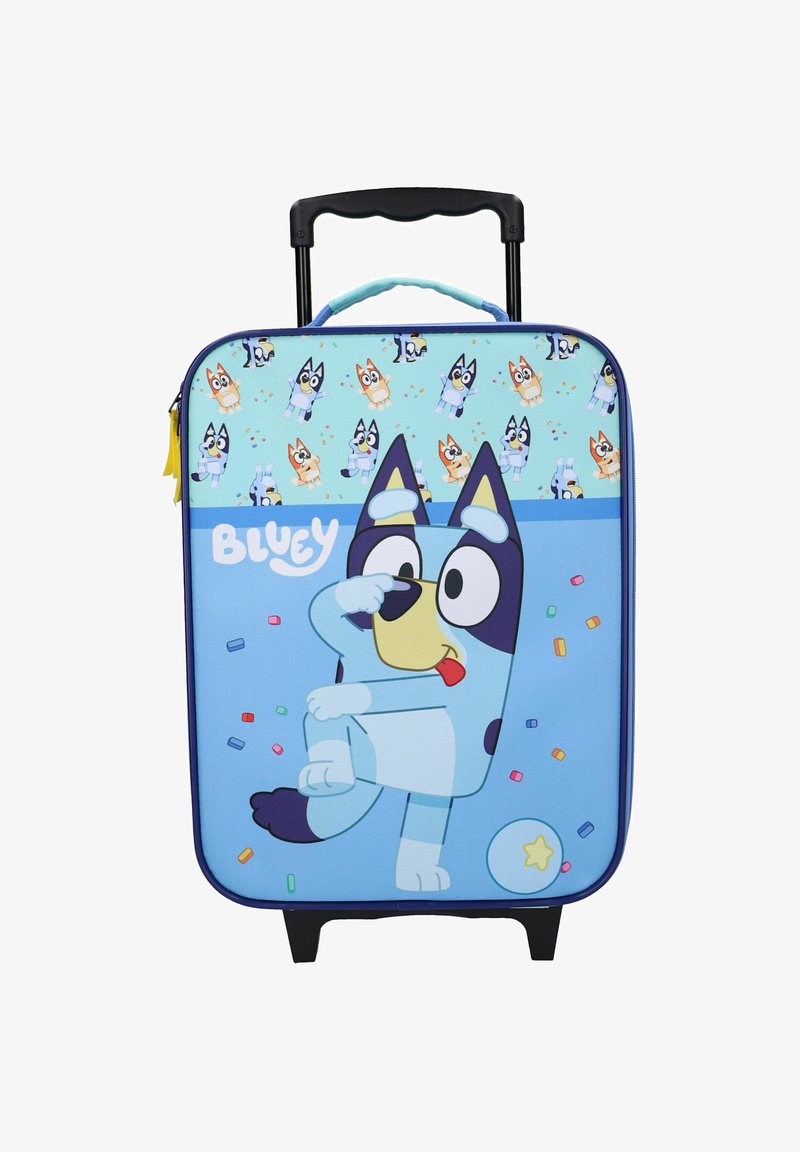 Blauwe hard-shell koffer met een cartoon hond ontwerp, voornamelijk lichtblauw met kleurrijke accenten, voorzien van een bovenhandvat en twee wielen.