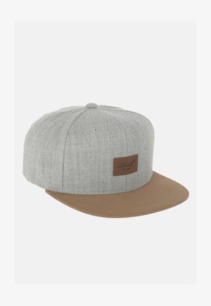 Gray textured fabric cap with a brown flat brim. Features a brown leather patch with embossed text. Rounded top with six ventilation holes.
