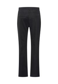 Black, stretchy pants with a straight-leg design. Features a solid color, elastic waistband, and two back pockets without embellishments.