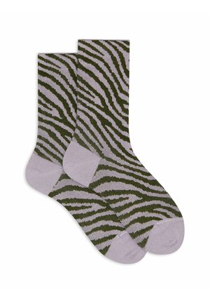 Calze a strisce verdi e lavanda con motivo a zebra. Materiale in cotone misto, punta e tallone rinforzati, lunghezza fino al polpaccio.
