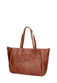 Borsa a spalla in pelle marrone con stampa a coccodrillo, dotata di due robuste maniglie, forma rettangolare e superficie testurizzata per un ulteriore dettaglio.