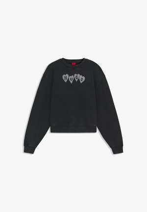 Sweatshirt preta de algodão com gola redonda, punhos e bainha canelados. Apresenta letras cinzentas em forma de coração que soletram "HUGO" no peito.