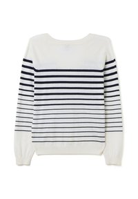 Maglione bianco a maniche lunghe con righe orizzontali blu navy, con polsini e orlo a coste, esposto piano su uno sfondo bianco.
