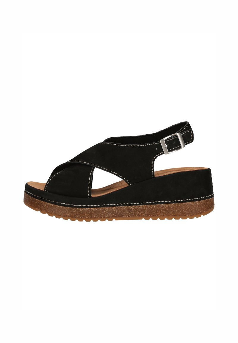 Svart mocka sandal med korsremmar och slingback-design. Har en texturerad brun sula och vita sytt accenter.
