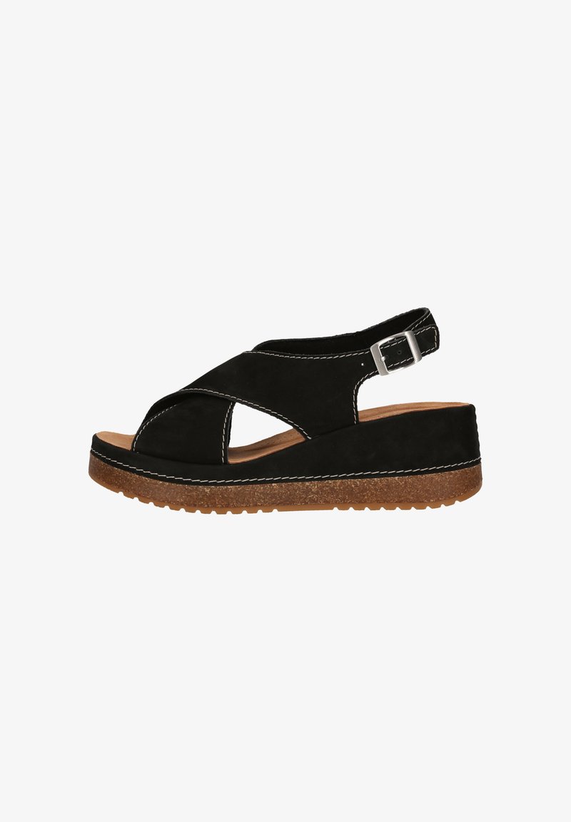 Svart mocka sandal med korsremmar och slingback-design. Har en texturerad brun sula och vita sytt accenter.