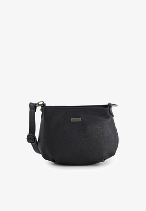 Černá strukturovaná kožená kabelka přes rameno s nastavitelným popruhem a malou obdélníkovou kovovou značkou vpředu.